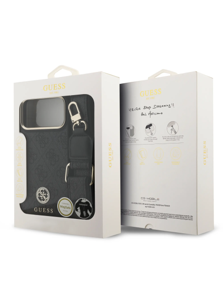 GUESS – Funda iPhone 17 Pro Max en Polipiel Negra con Logo Strass y Correa Ancha