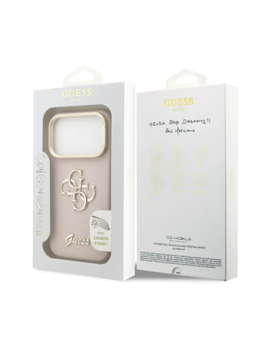 Funda GUESS para iPhone 17 Pro efecto granulado con logotipo 4G y soporte integrado (Rosa)