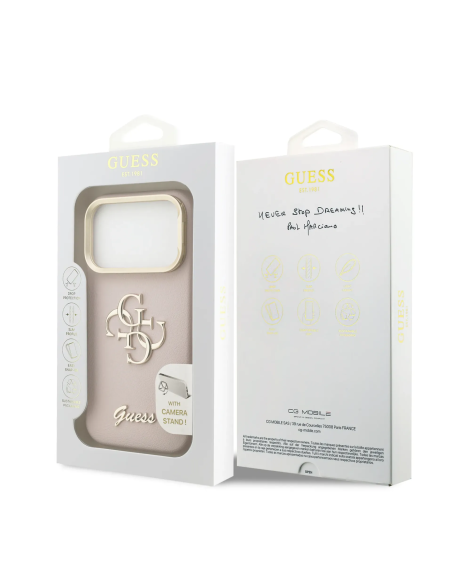 Funda GUESS para iPhone 17 Pro efecto granulado con logotipo 4G y soporte integrado (Rosa)