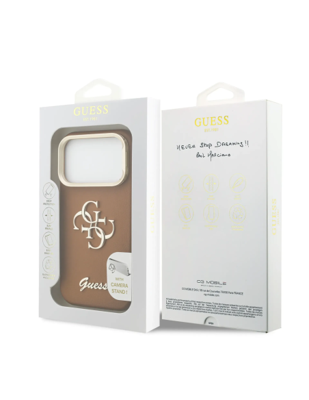 Funda GUESS para iPhone 17 Pro efecto granulado con logotipo 4G y soporte integrado (camel)
