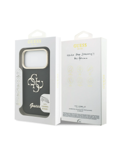 GUESS Case for iPhone 17 Pro with Grainy Leather Effect, 4G Logo and Camera Stand (Black)