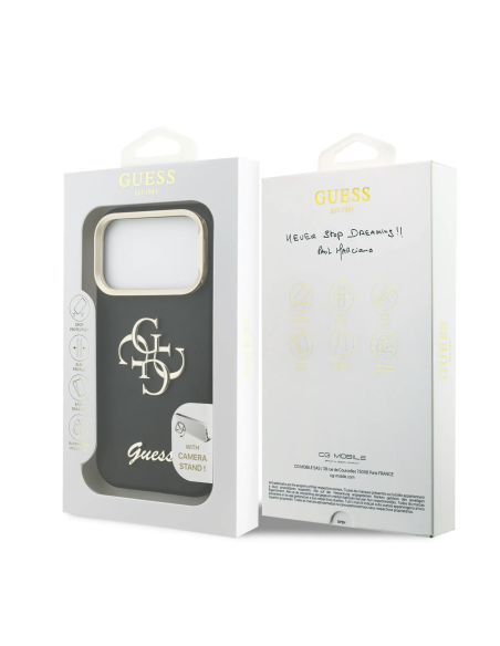 GUESS Case for iPhone 17 Pro with Grainy Leather Effect, 4G Logo and Camera Stand (Black)