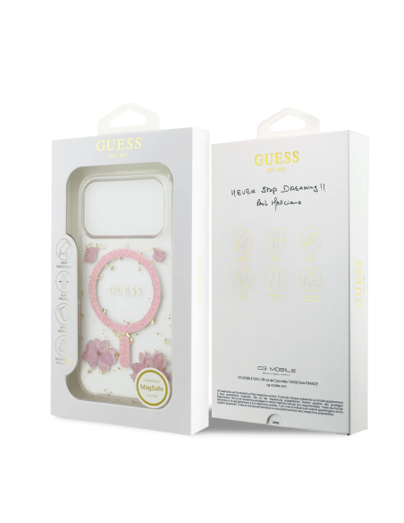 GUESS – Funda iPhone 17 Pro con MagSafe y Diseño Floral en Rosas con Detalles Dorados