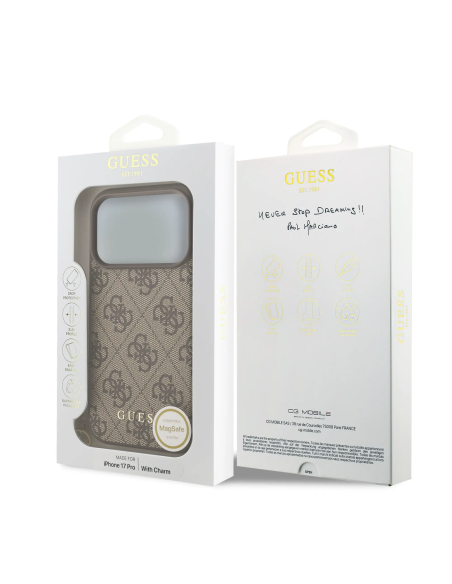 GUESS – Funda iPhone 17 Pro en Color Marrón con Logo 4G y Charm Dorado