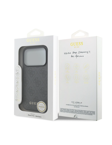 GUESS – Funda iPhone 17 Pro en Color Negro con Logo 4G y Charm Dorado
