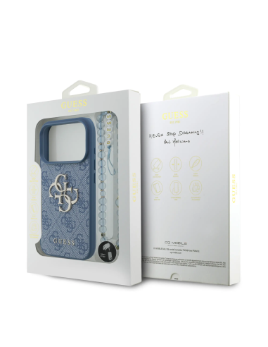 Funda GUESS para iPhone 17 Pro con correa de perlas, efecto piel y logotipo 4G (Azul)