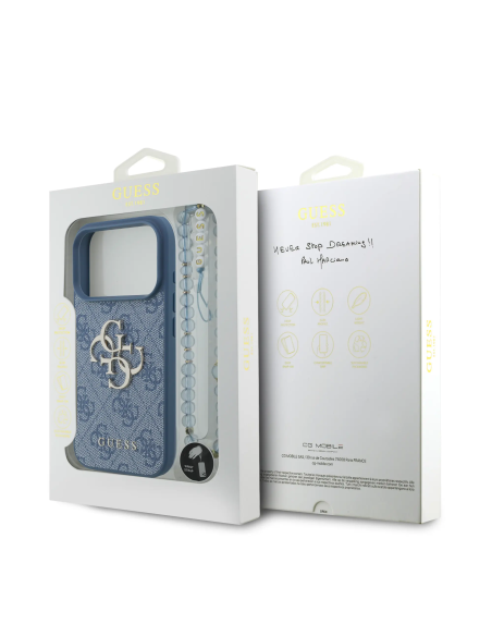 GUESS Case for iPhone 17 Pro with Pearl Strap, PU Finish and 4G Logo (Blue)