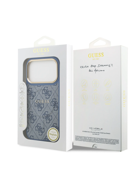 GUESS – Funda iPhone 17 Pro en Polipiel Azul con MagSafe y Logo Clásico