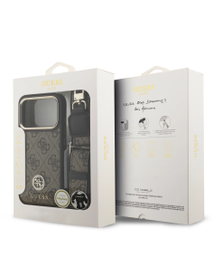 Funda GUESS iPhone 17 Pro de Polipiel Marrón con Logo Strass y Correa Ancha