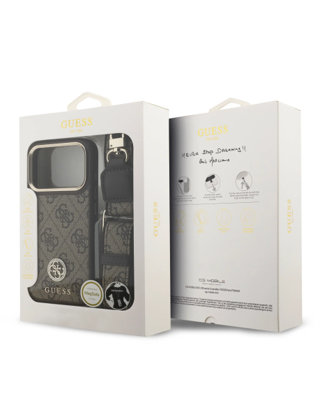 GUESS – Funda iPhone 17 Pro en Polipiel Marrón con Logo de Strass y Correa Ancha