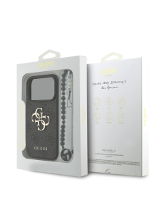 Funda GUESS para iPhone 17 Pro con correa de perlas, efecto piel y logotipo 4G (Negro)