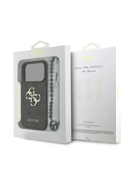 Funda GUESS para iPhone 17 Pro con correa de perlas, efecto piel y logotipo 4G (Negro)