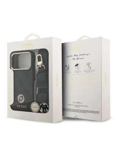GUESS – Funda iPhone 17 Pro en Polipiel Negra con Logo de Strass y Correa Ancha