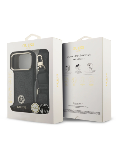 GUESS – Funda iPhone 17 Pro en Polipiel Negra con Logo de Strass y Correa Ancha