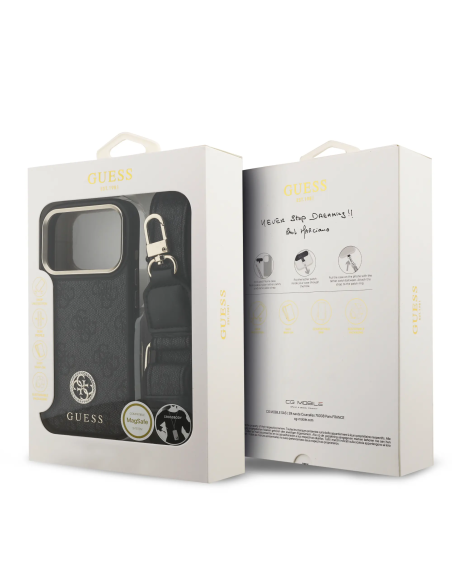 Funda GUESS iPhone 17 Pro de Polipiel Negra con Logo Strass y Correa Ancha