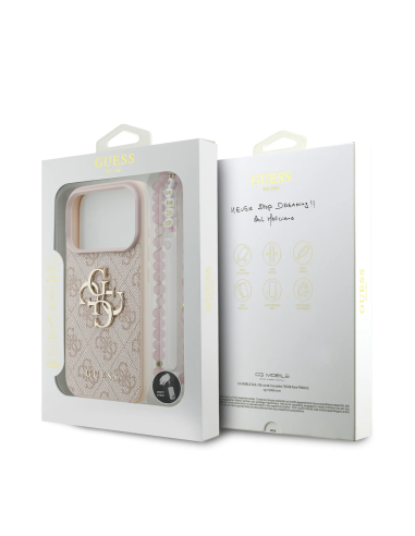 GUESS Case for iPhone 17 Pro with Pearl Strap, PU Finish and 4G Logo (Pink)