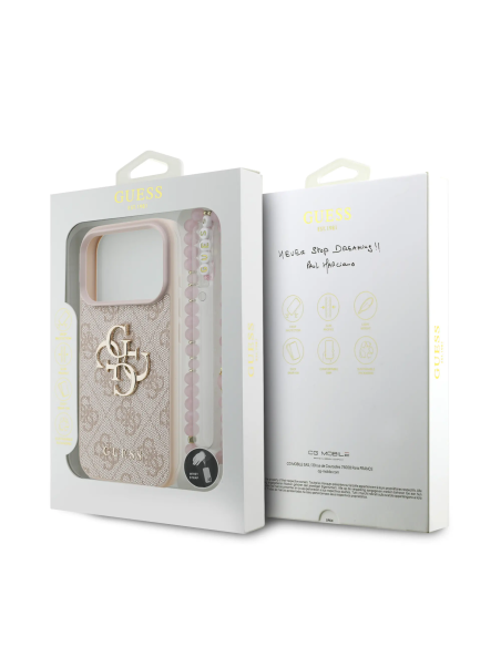 GUESS Case for iPhone 17 Pro with Pearl Strap, PU Finish and 4G Logo (Pink)