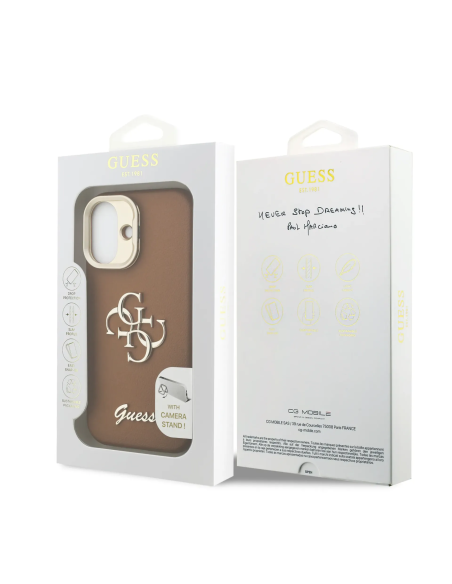 Funda GUESS para iPhone 17 efecto granulado con logotipo 4G y soporte integrado (camel)