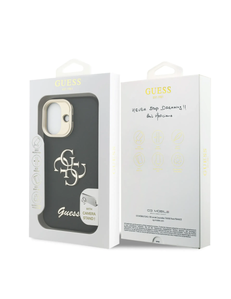 GUESS Case for iPhone 17 with Grainy Leather Effect, 4G Logo and Camera Stand (Black)