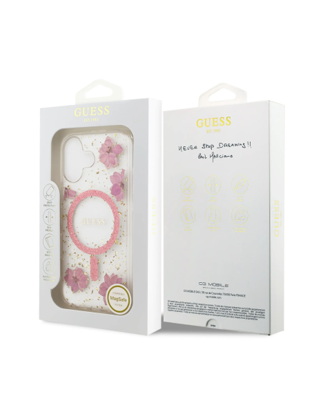 GUESS – Funda iPhone 17 con MagSafe y Diseño Floral de Rosas con Detalles Dorados