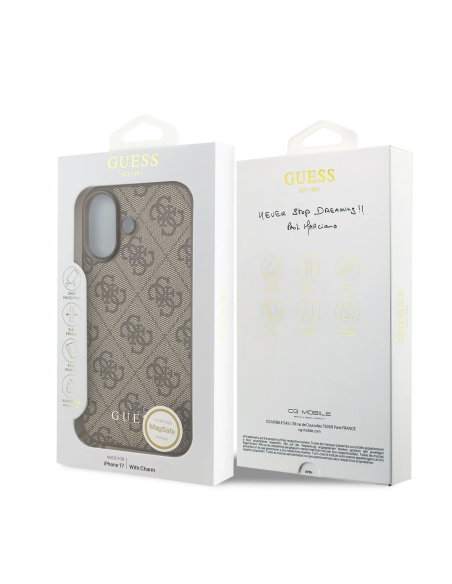GUESS – Funda iPhone 17 en Color Marrón con Logo 4G y Charm Dorado