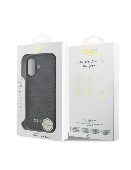 Funda GUESS iPhone 17 Negra con Logo 4G y Charm Dorado