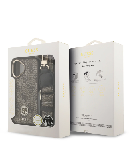 GUESS – Funda iPhone 17 en Polipiel Marrón con Logo de Strass y Correa Ancha