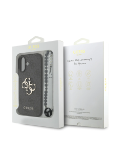 Funda GUESS para iPhone 17 con correa de perlas, efecto piel y logotipo 4G (Negro)
