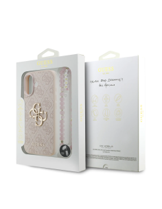 Funda GUESS para iPhone 17 con correa de perlas, efecto piel y logotipo 4G (Rosa)