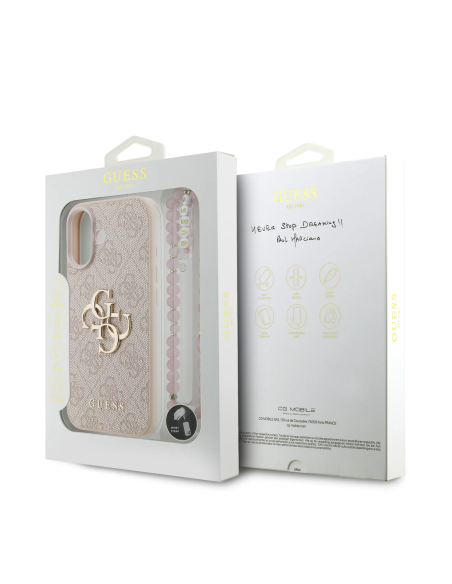 Funda GUESS para iPhone 17 con correa de perlas, efecto piel y logotipo 4G (Rosa)