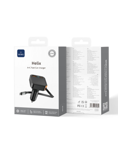 65 W GaN PD Car Charger with USB-A, USB-C and 70 cm Retractable USB-C Cable Helix