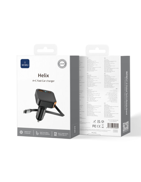 Cargador rápido para coche PD GaN de 65 W con USB-A, USB-C y cable retráctil USB-C de 70 cm Helix