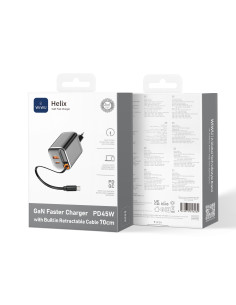 45 W GaN PD Fast Charger with USB-A, USB-C and 70 cm Retractable USB-C Cable Helix 