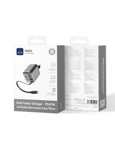 Cargador rápido PD GaN de 67 W con USB-A, USB-C y cable retráctil USB-C de 70 cm Helix