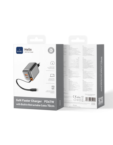 Cargador rápido PD GaN de 67 W con USB-A, USB-C y cable retráctil USB-C de 70 cm Helix