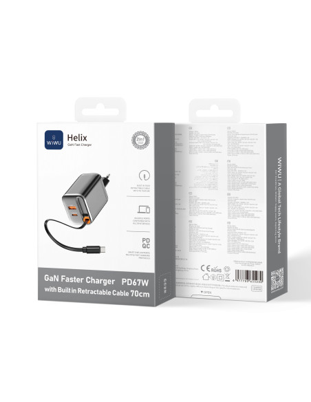 67 W GaN PD Fast Charger with USB-A, USB-C and 70 cm Retractable USB-C Cable Helix