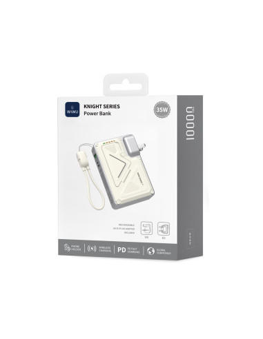 Knight Series 10,000 mAh Power Bank – 35W with Integrated CN+UK+EU Plug, White
