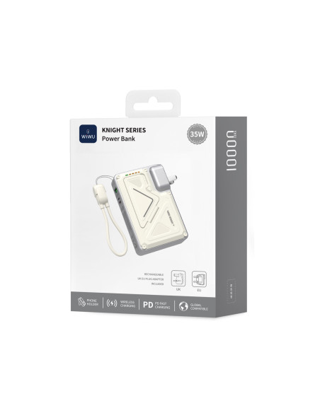 Knight Series 10,000 mAh Power Bank – 35W with Integrated CN+UK+EU Plug, White