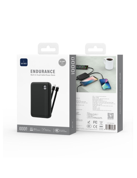 External Battery 10,000mAH – 22.5W Fast Charging with integrated dual cable Black