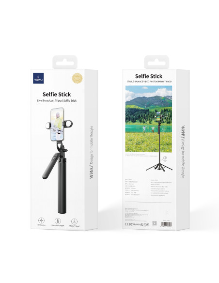 Selfie Stick with Tripod for Live Streaming with Lights Black