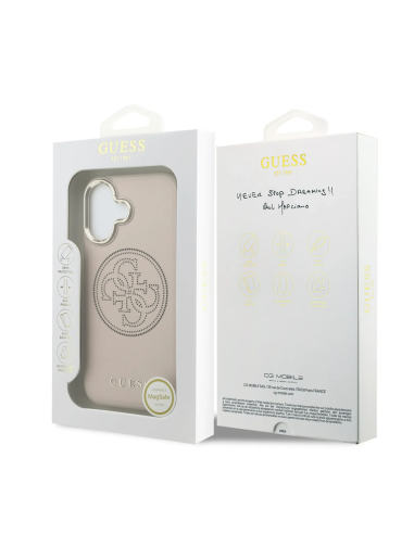 GUESS MagSafe Case for iPhone 17, faux leather with gold perforated logo (Pink)