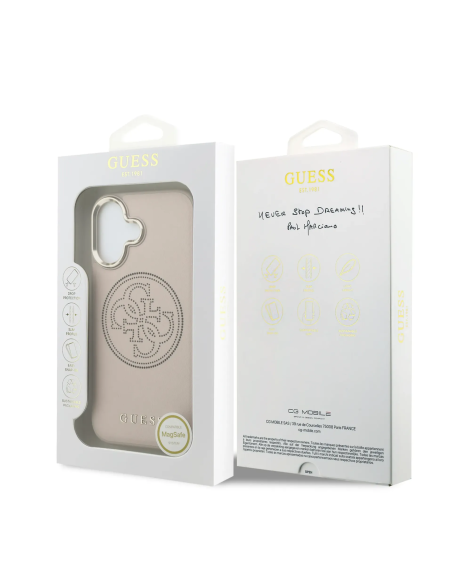 GUESS MagSafe Case for iPhone 17, faux leather with gold perforated logo (Pink)