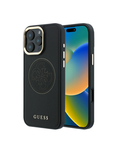 GUESS MagSafe Case for iPhone 16 Pro Max, leather with gold perforated logo (Black)