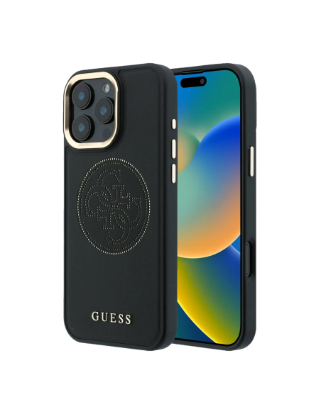 GUESS MagSafe Case for iPhone 16 Pro Max, leather with gold perforated logo (Black)