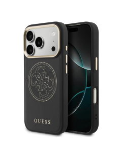 GUESS MagSafe Case for iPhone 17 Pro, faux leather with gold perforated logo (Black)