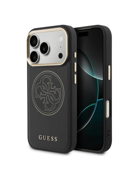 GUESS MagSafe Case for iPhone 17 Pro, faux leather with gold perforated logo (Black)