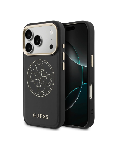 GUESS MagSafe Case for iPhone 17 Pro Max, faux leather with gold perforated logo (Black)