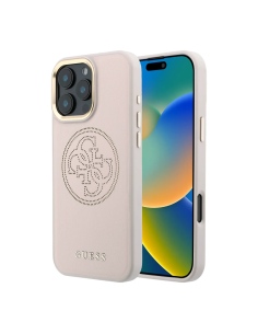 GUESS MagSafe Case for iPhone 16 Pro Max, faux leather with gold perforated logo (Pink)