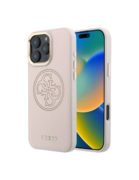 Funda GUESS para iPhone 16 Pro Max con MagSafe, efecto piel y logotipo dorado perforado (Rosa)