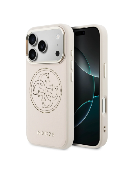 GUESS MagSafe Case for iPhone 17 Pro, faux leather with gold perforated logo (Pink)